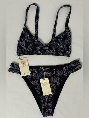 Ramy Brook Bikini Set Bali Print Black Boho Swim Top XXS Bottoms Medium Strappy